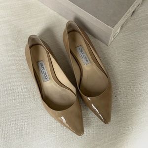 Jimmy Choo Romy Patent Leather Pointed Toe Flats, Nude Size 38.5